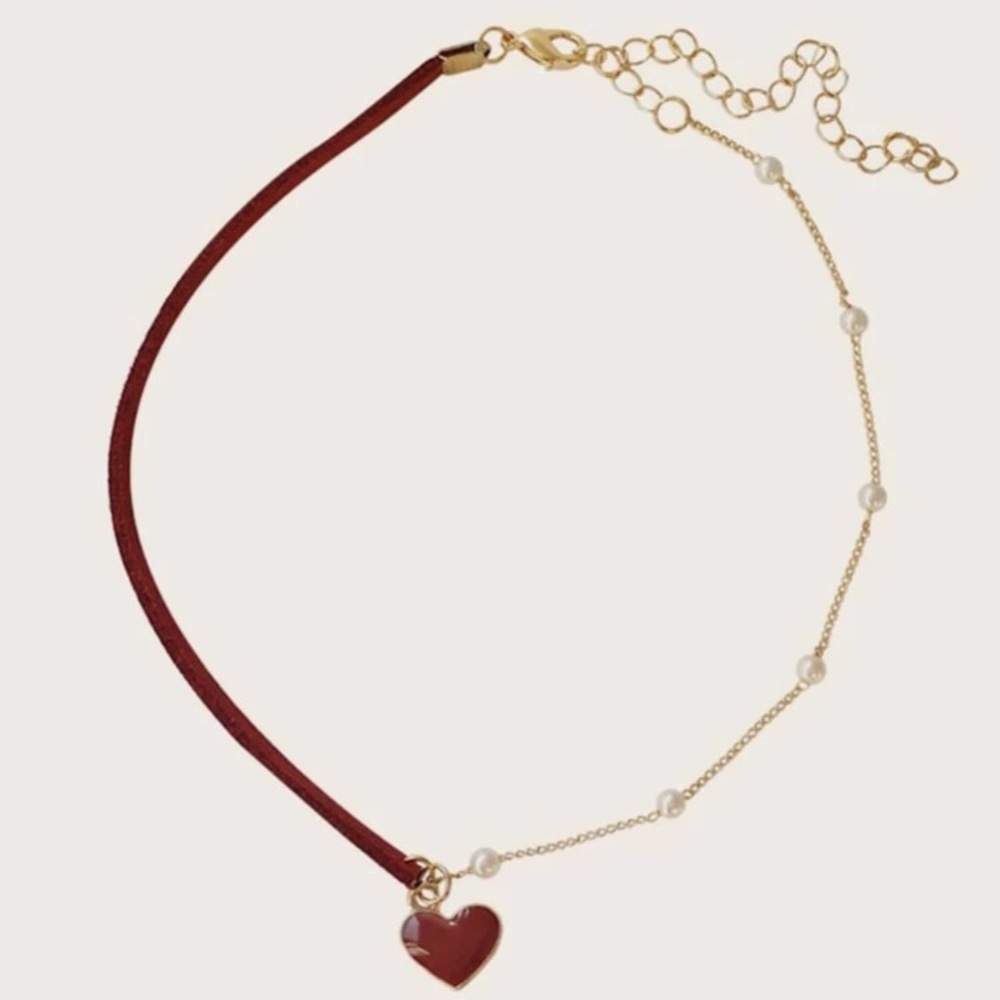 ❤️ Awesome Faux Pearls Metallic Heart Mismatched chain Choker in red or black ❤️ - Picture 6 of 10